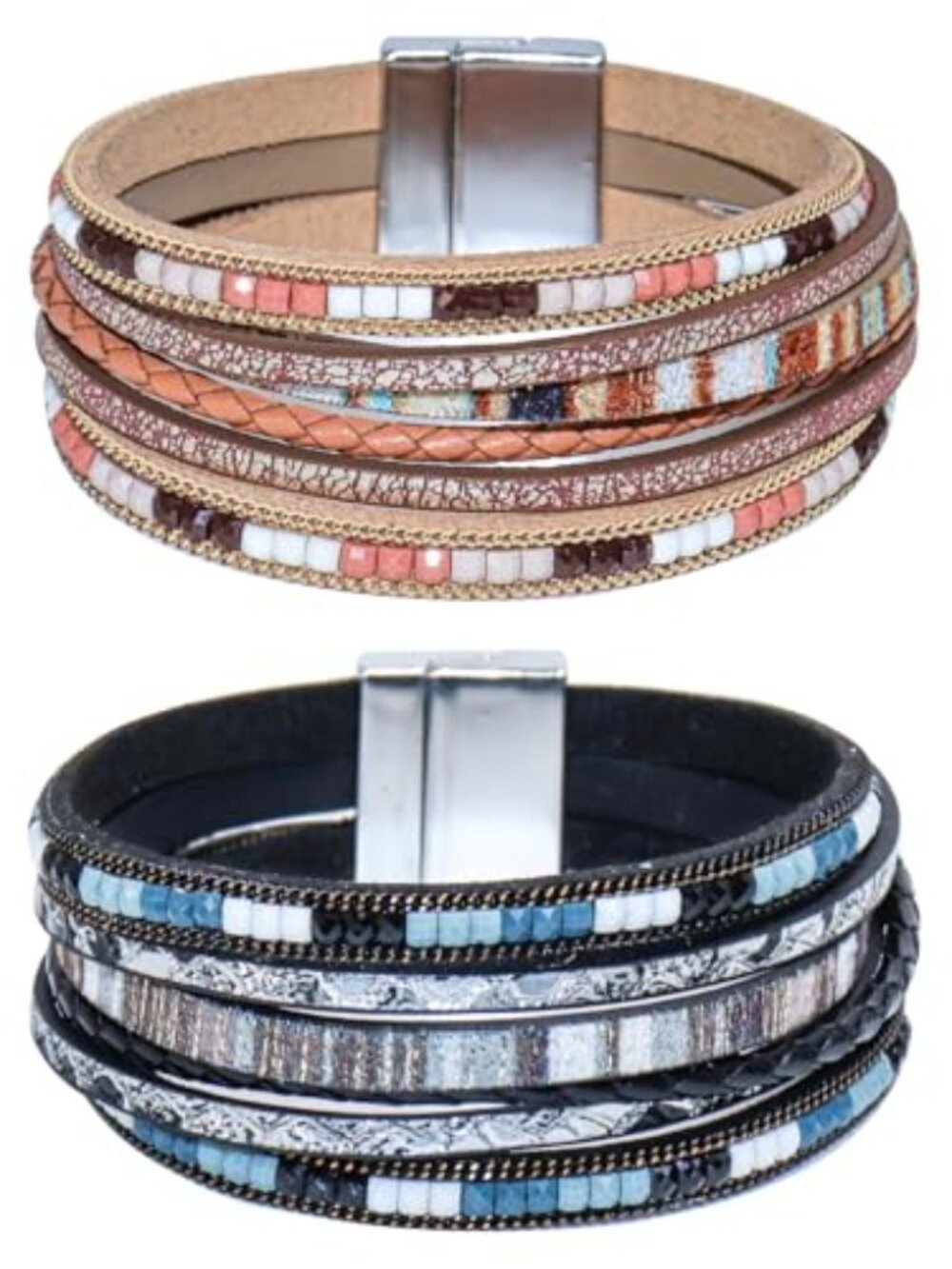 Bracelets‎ for Women, 2Pcs Leather Wrap Layer Bracelets Boho Rustic Multi-Layer